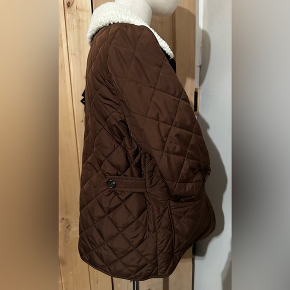 Talbots Petites Brown Quilted Bomber Jacket Shearling Collar Size SP - Picture 6 of 8
